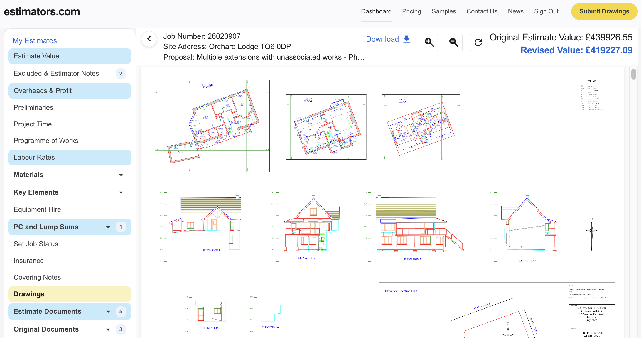 Estimators Online estimate dashboard showing building plans and elevations