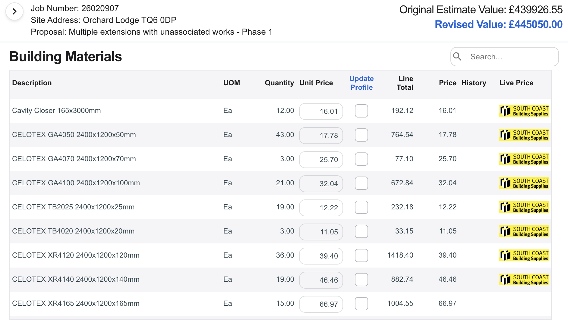 Estimators Online building materials screen showing live builders merchant pricing