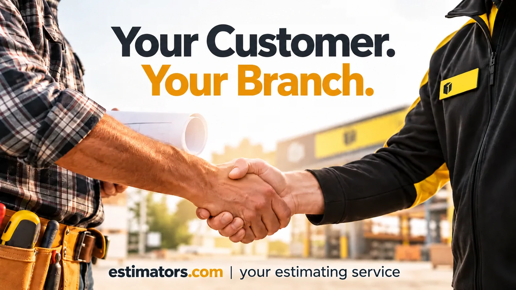 Your Customer. Your Branch. Builders merchant and customer shaking hands