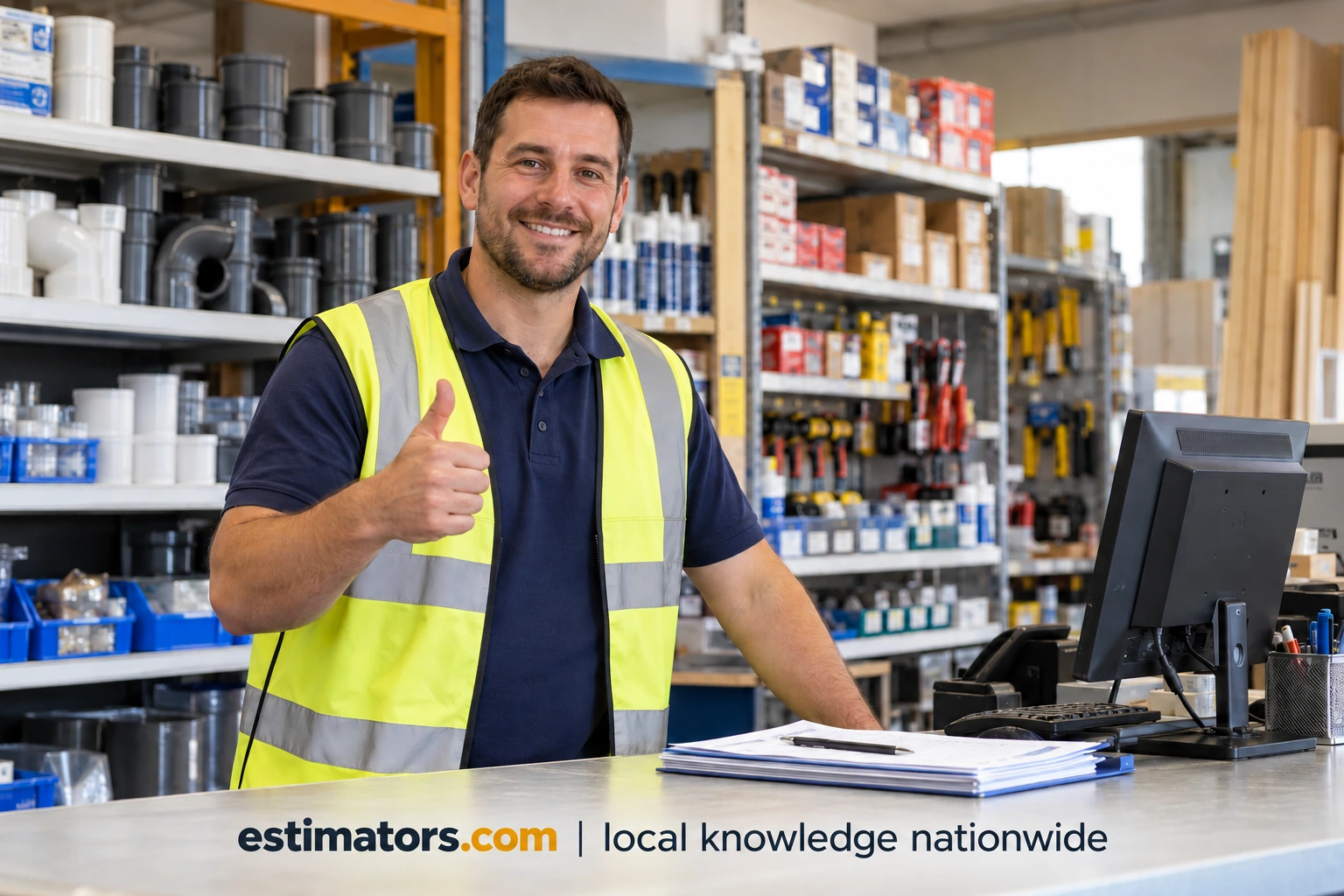 Builders’ merchant staff member giving a thumbs-up behind the trade counter